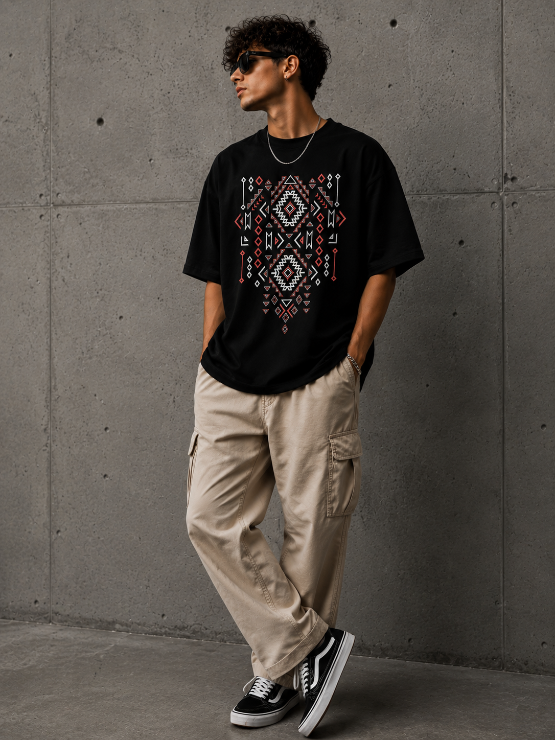Tribal Pattern Oversized Tee – Black