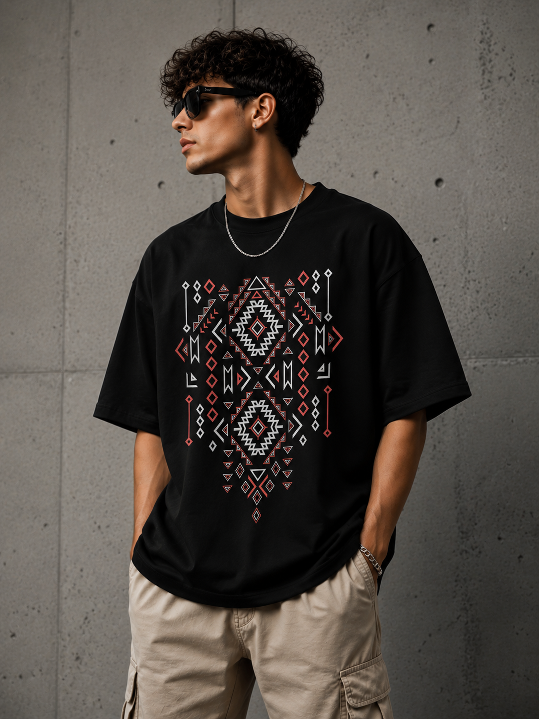 Tribal Pattern Oversized Tee – Black