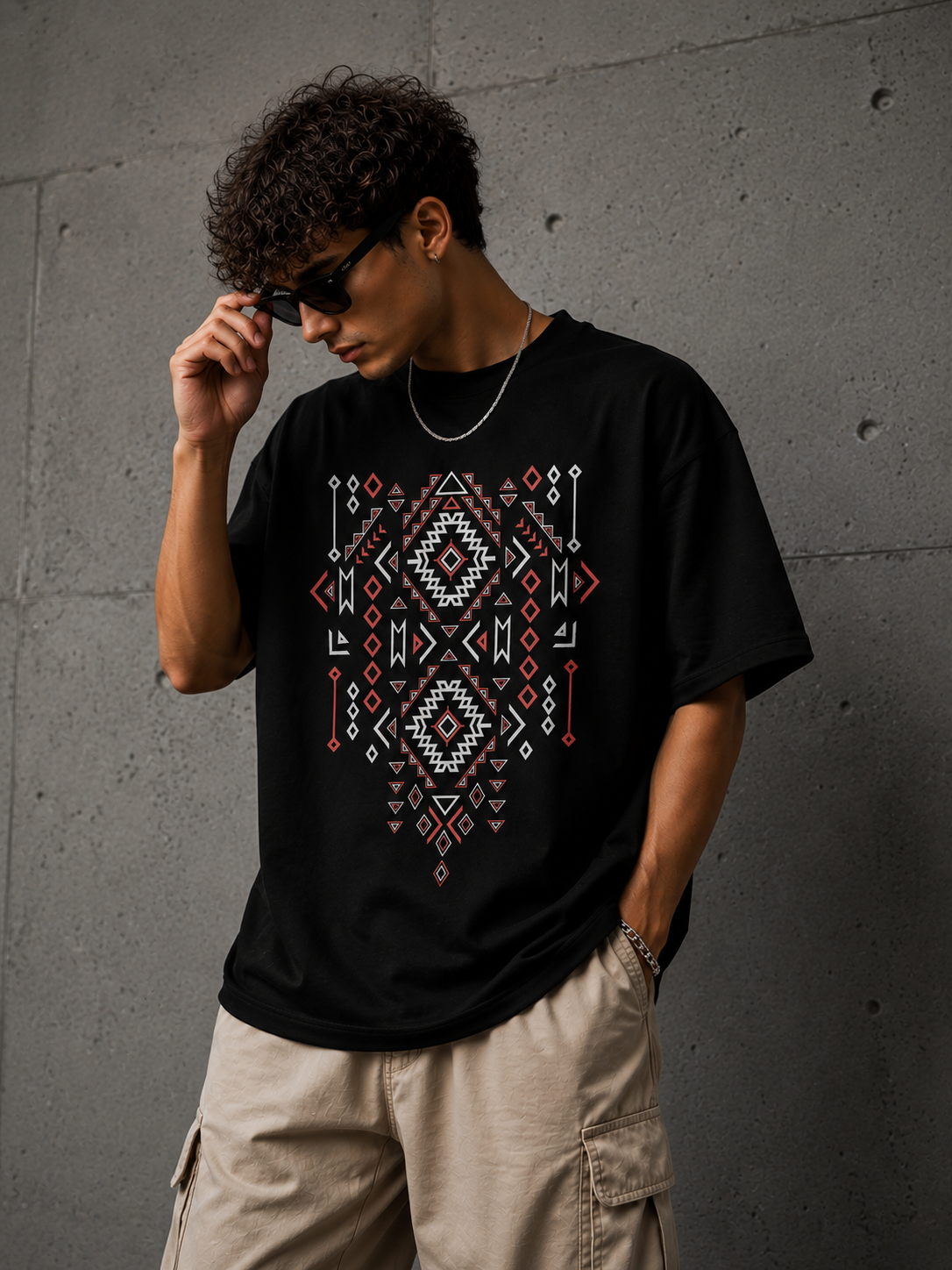 Tribal Pattern Oversized Tee – Black