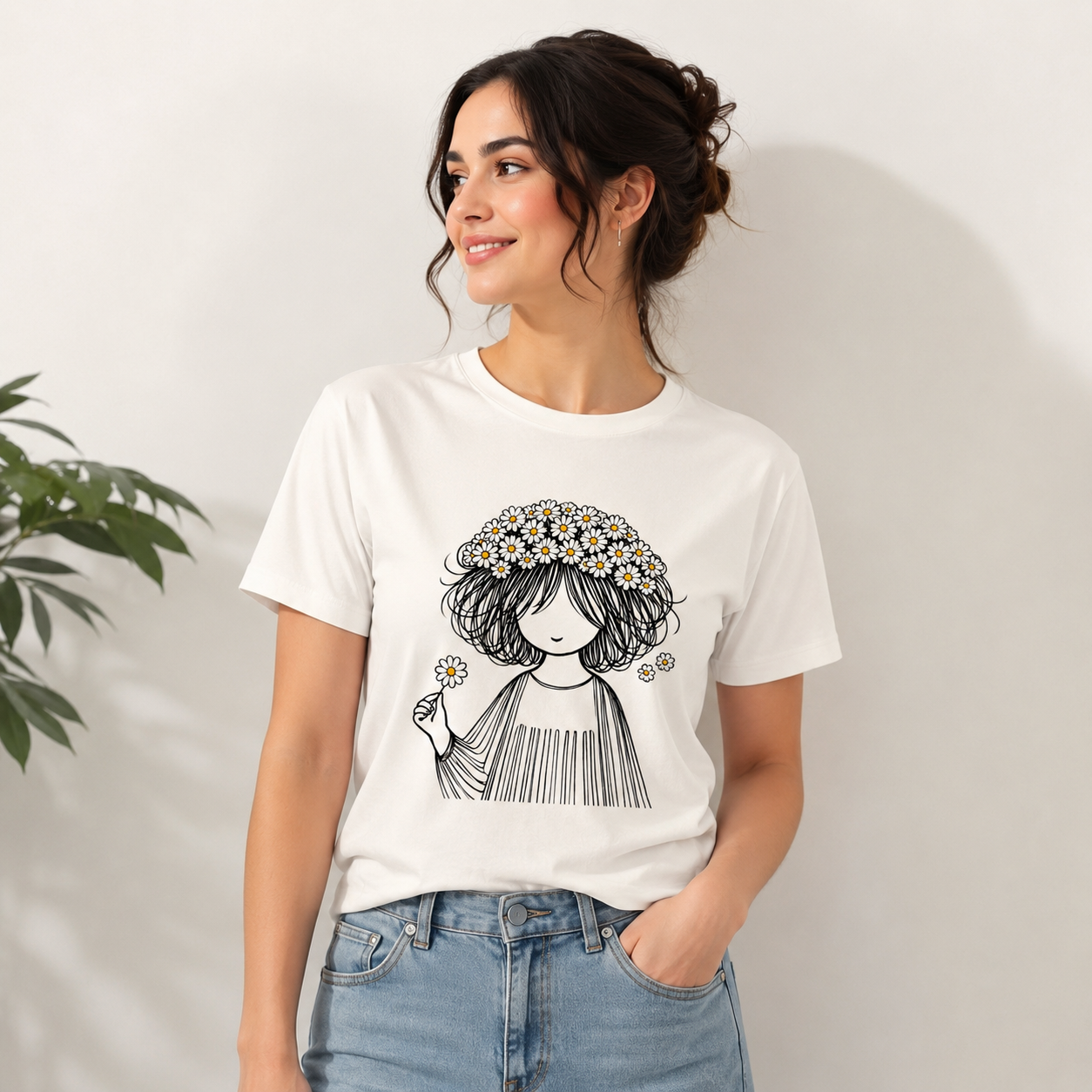 Daisy Girl Minimal Graphic Tee – White