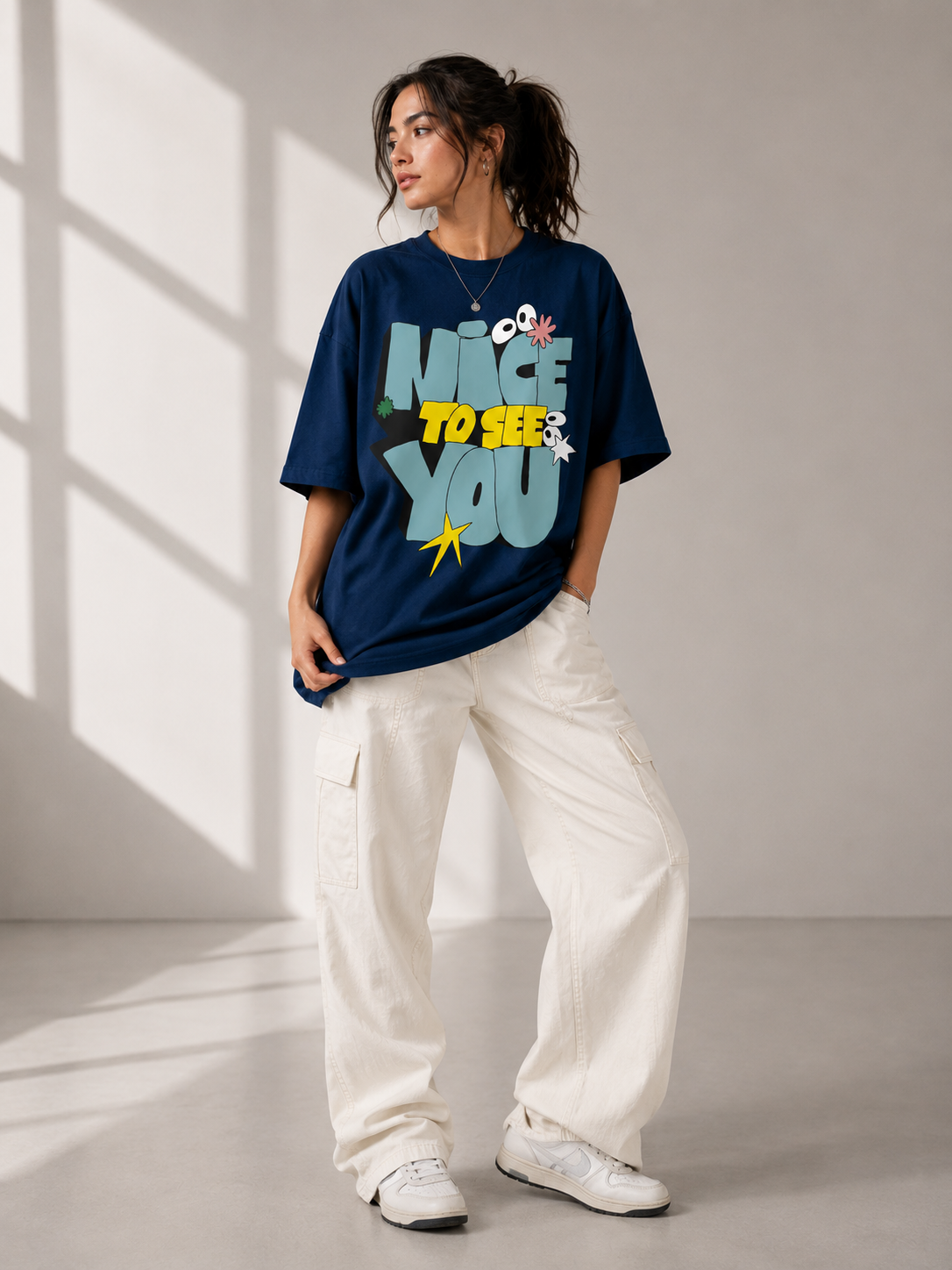 Nice To See You Oversized Graphic T-Shirt – Navy Blue