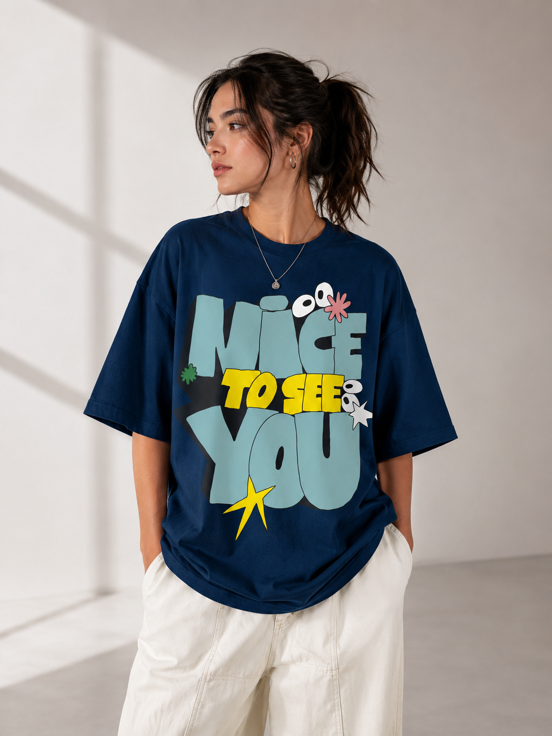 Nice To See You Oversized Graphic T-Shirt – Navy Blue