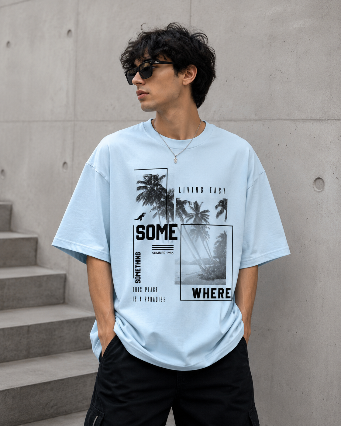 Living Easy Paradise Oversized T-Shirt – Sky Blue Graphic Tee