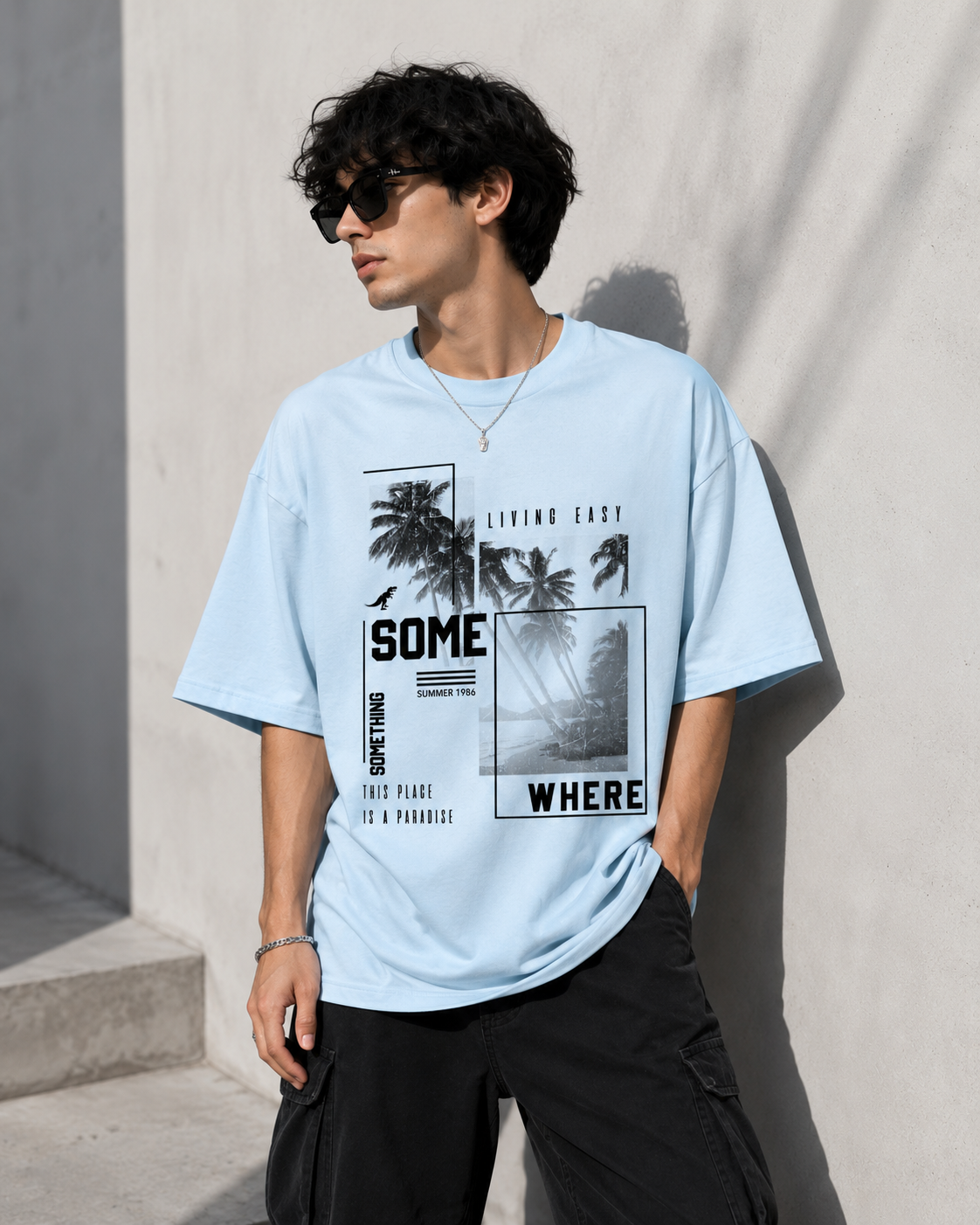 Living Easy Paradise Oversized T-Shirt – Sky Blue Graphic Tee