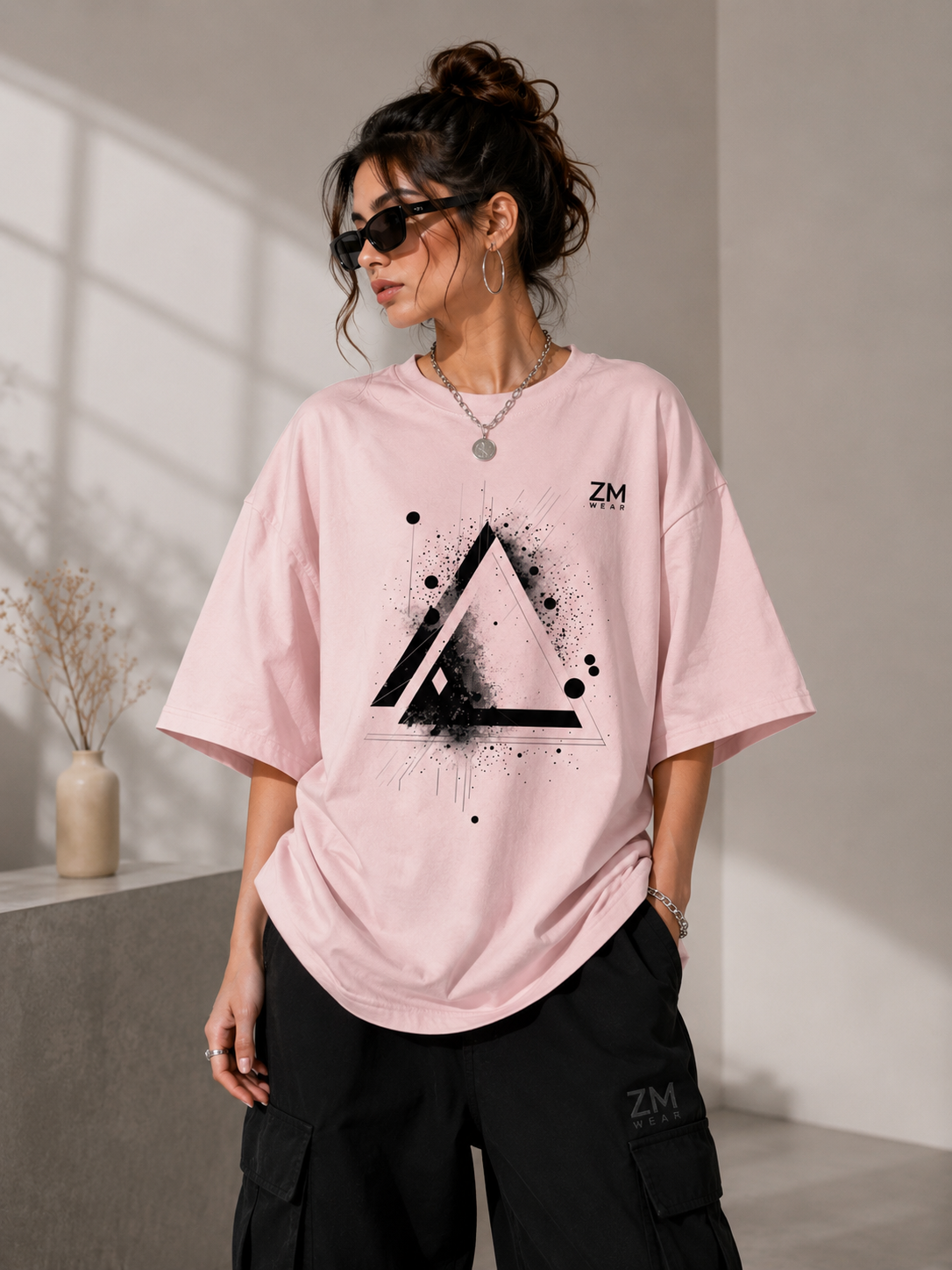 Abstract Triangle Graphic Oversized T-Shirt – Pink Streetwear Tee