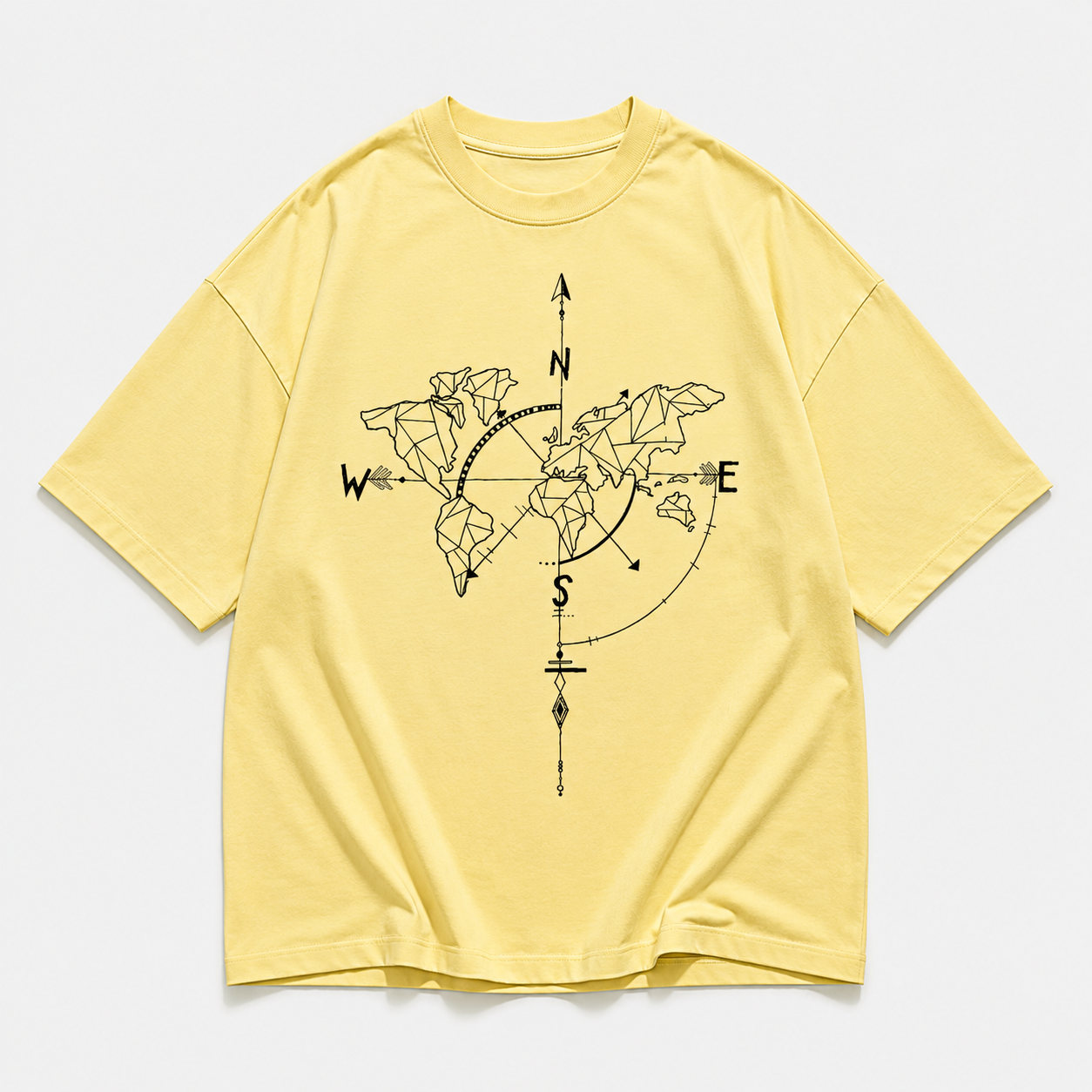 World Map Compass Graphic Oversized T-Shirt – Light Yellow Travel Streetwear Tee