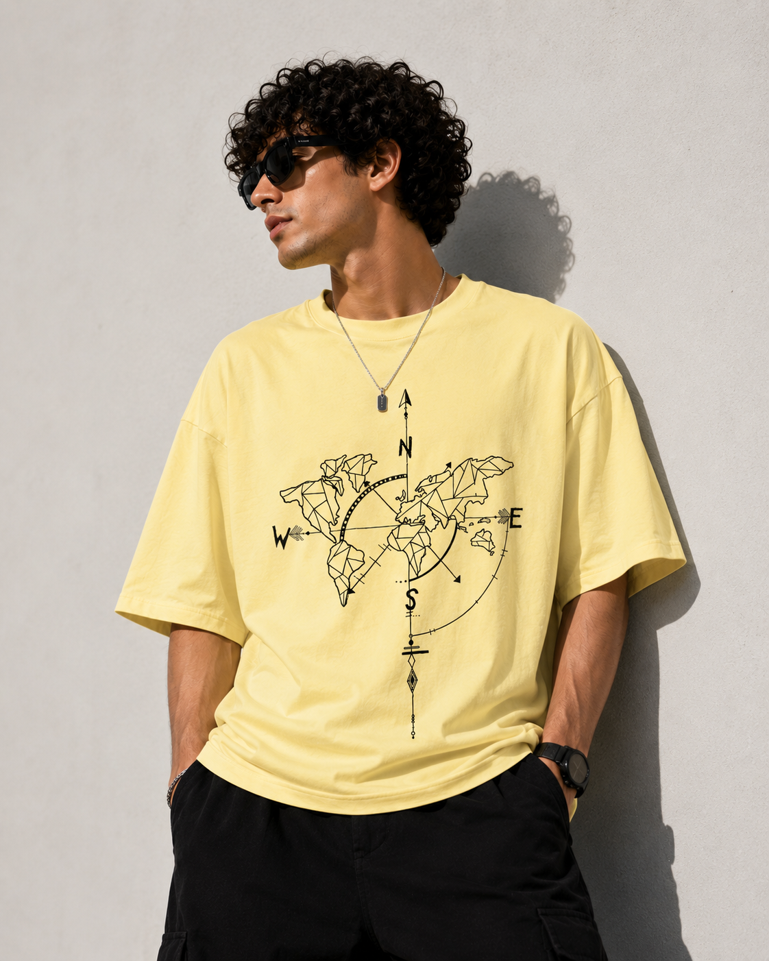World Map Compass Graphic Oversized T-Shirt – Light Yellow Travel Streetwear Tee