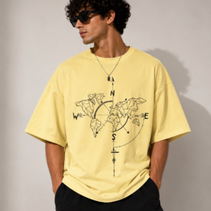 World Map Compass Graphic Oversized T-Shirt – Light Yellow Travel Streetwear Tee