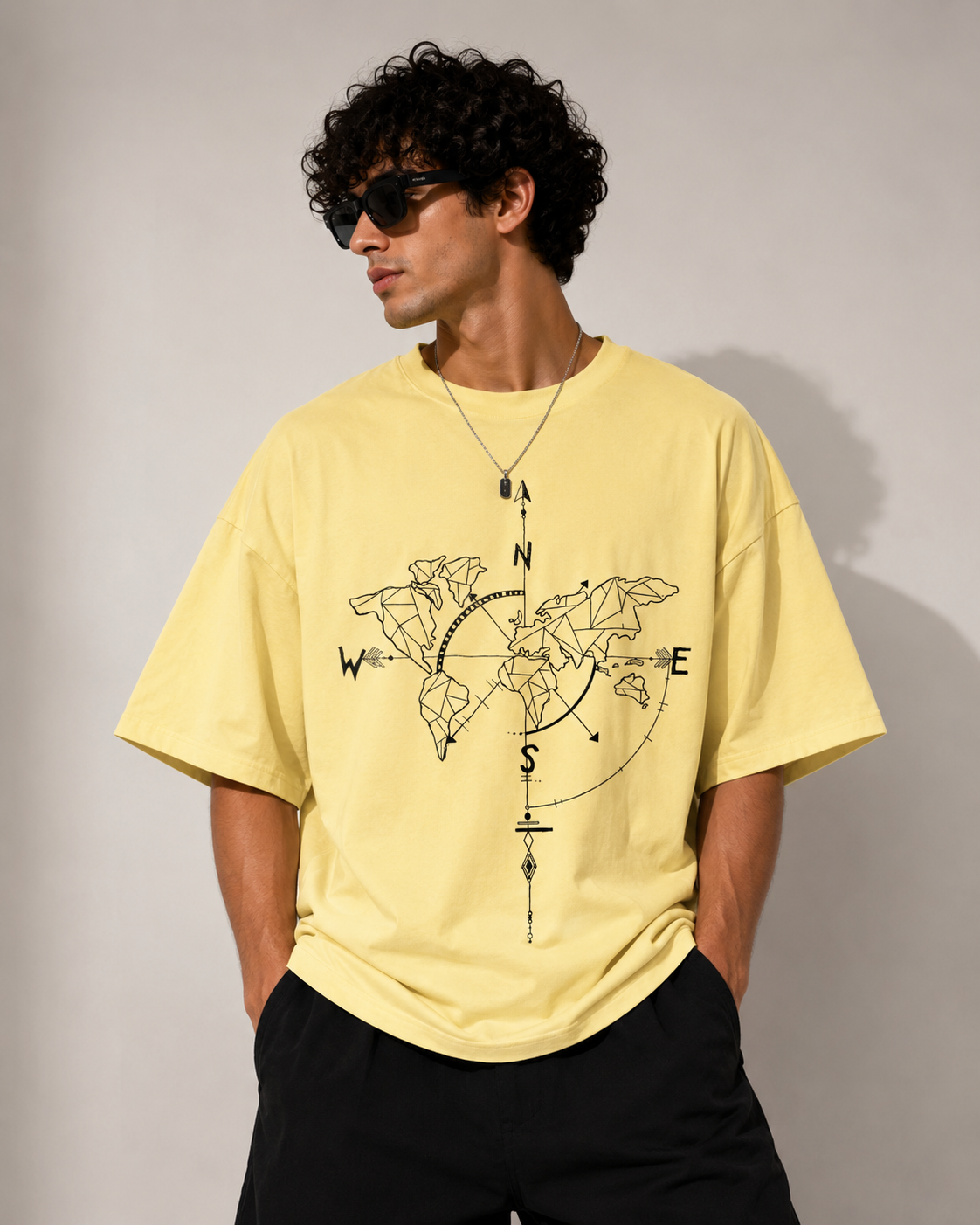 World Map Compass Graphic Oversized T-Shirt – Light Yellow Travel Streetwear Tee