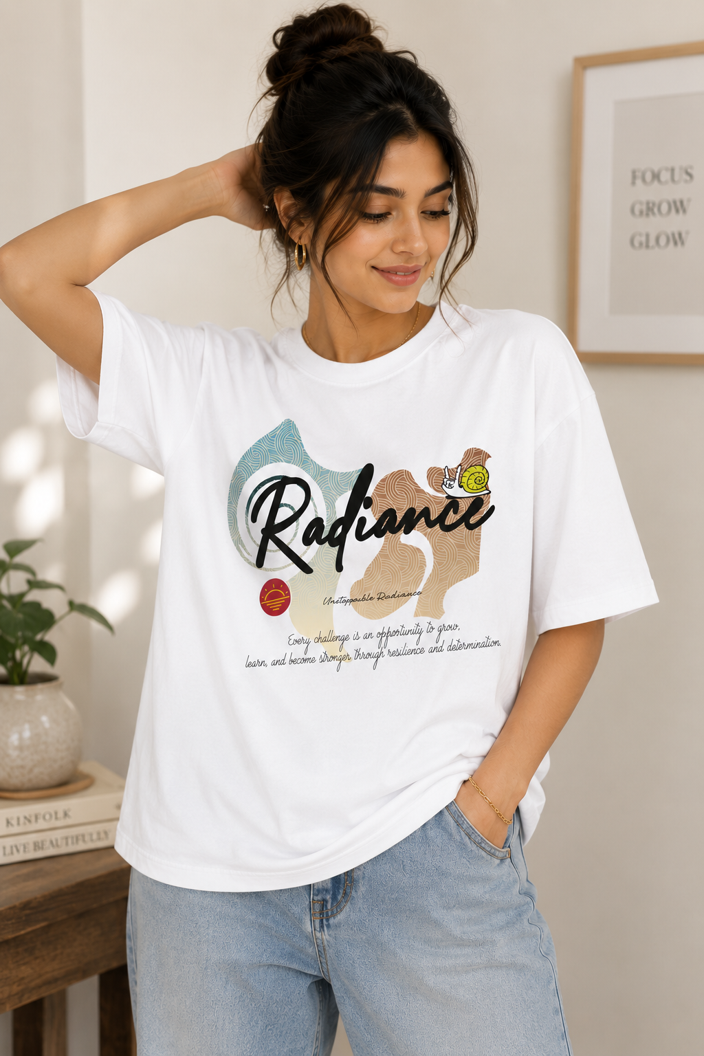 Radiance Graphic Oversized T-Shirt – White Inspirational Cotton Tee