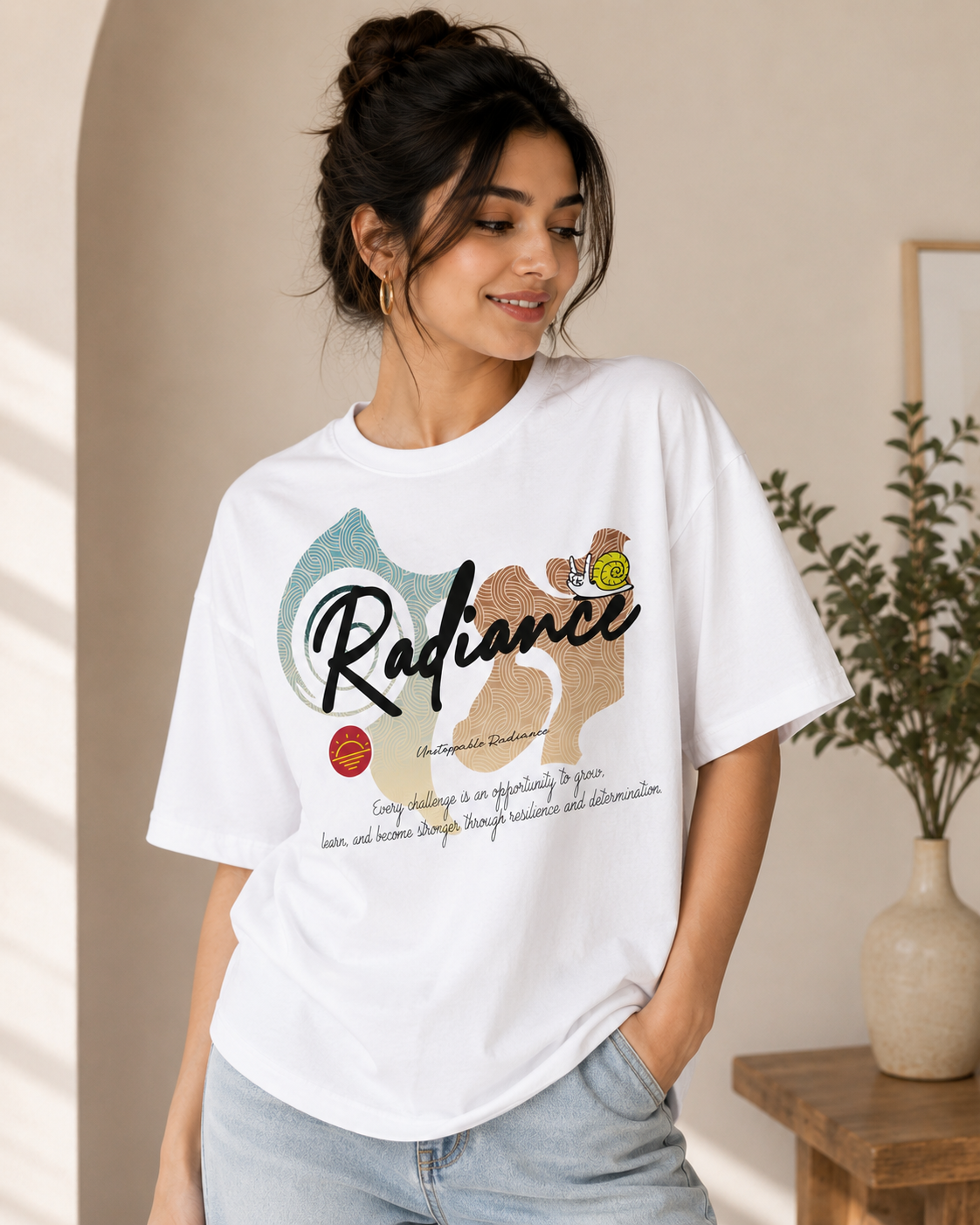 Radiance Graphic Oversized T-Shirt – White Inspirational Cotton Tee