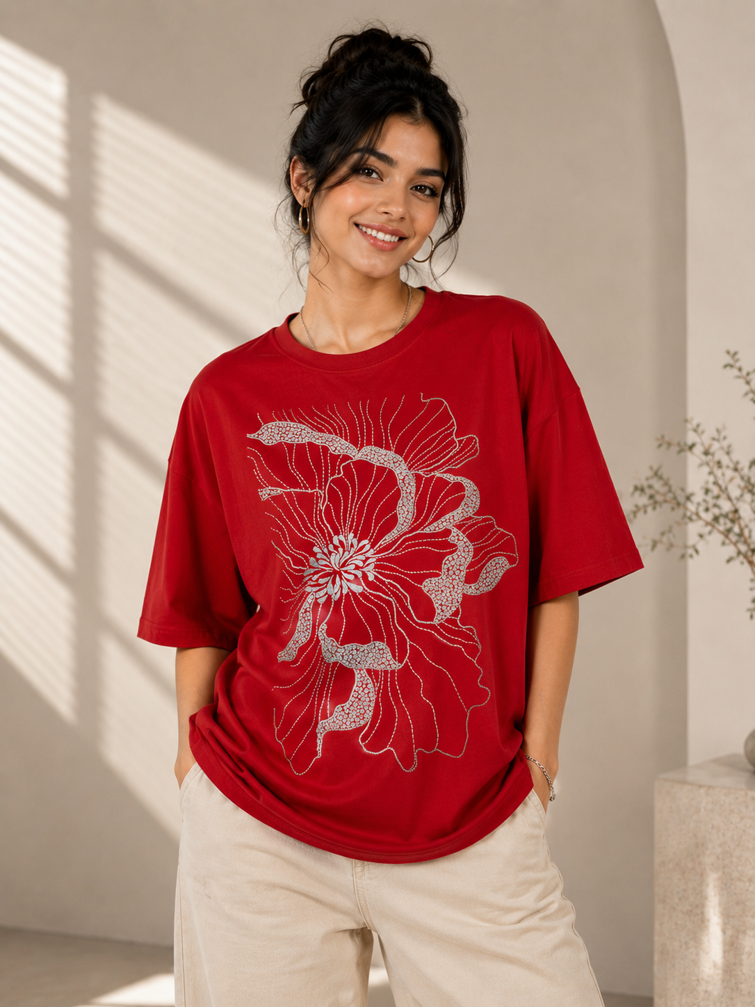 Floral Bloom Basic T-Shirt – Red Graphic Cotton Tee