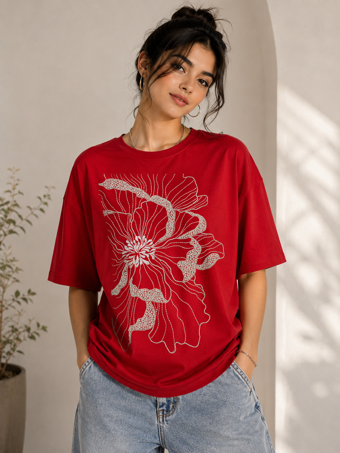 Floral Bloom Basic T-Shirt – Red Graphic Cotton Tee