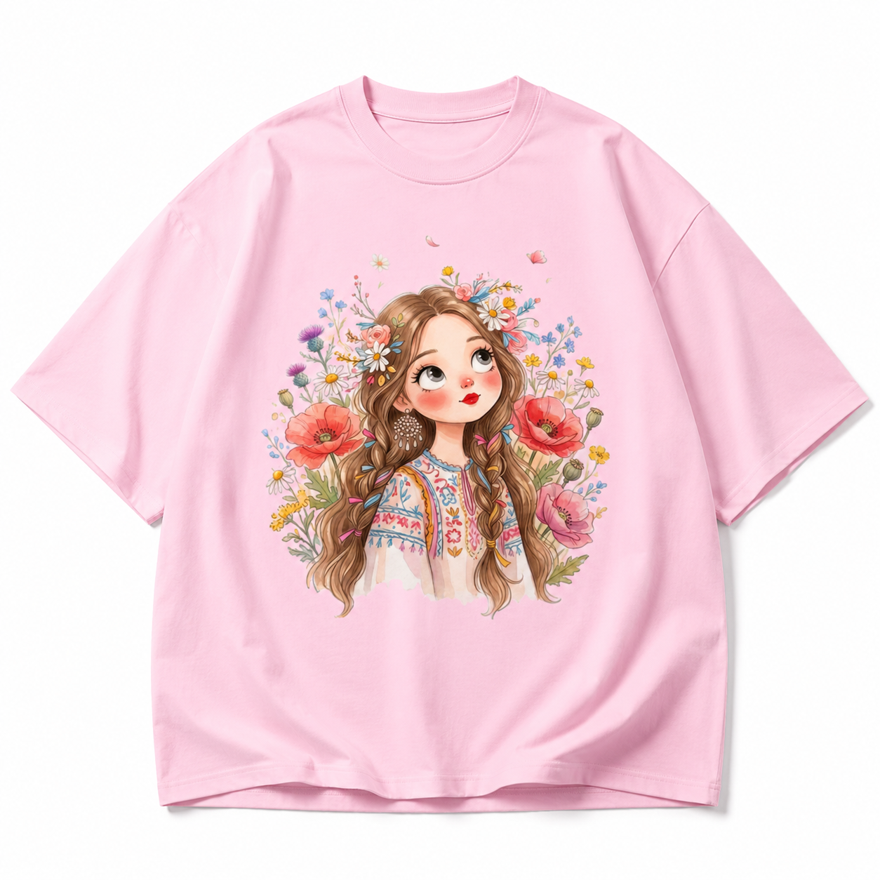 Floral Girl Graphic Basic T-Shirt – Pink Cute Casual Tee