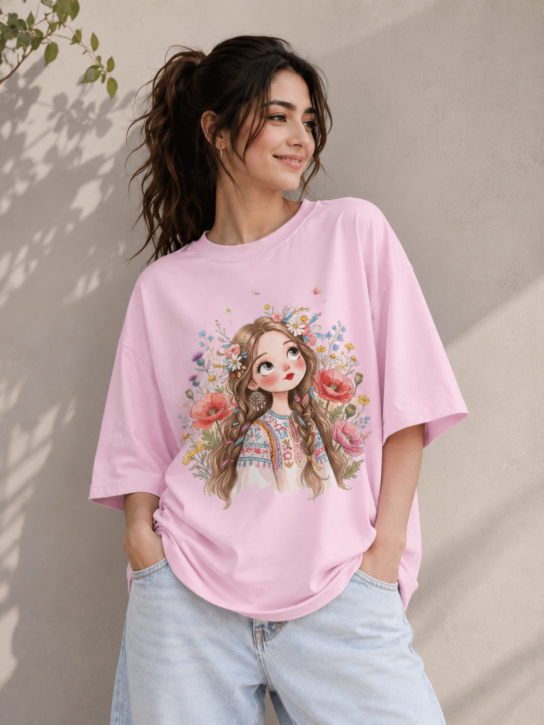 Floral Girl Graphic Basic T-Shirt – Pink Cute Casual Tee