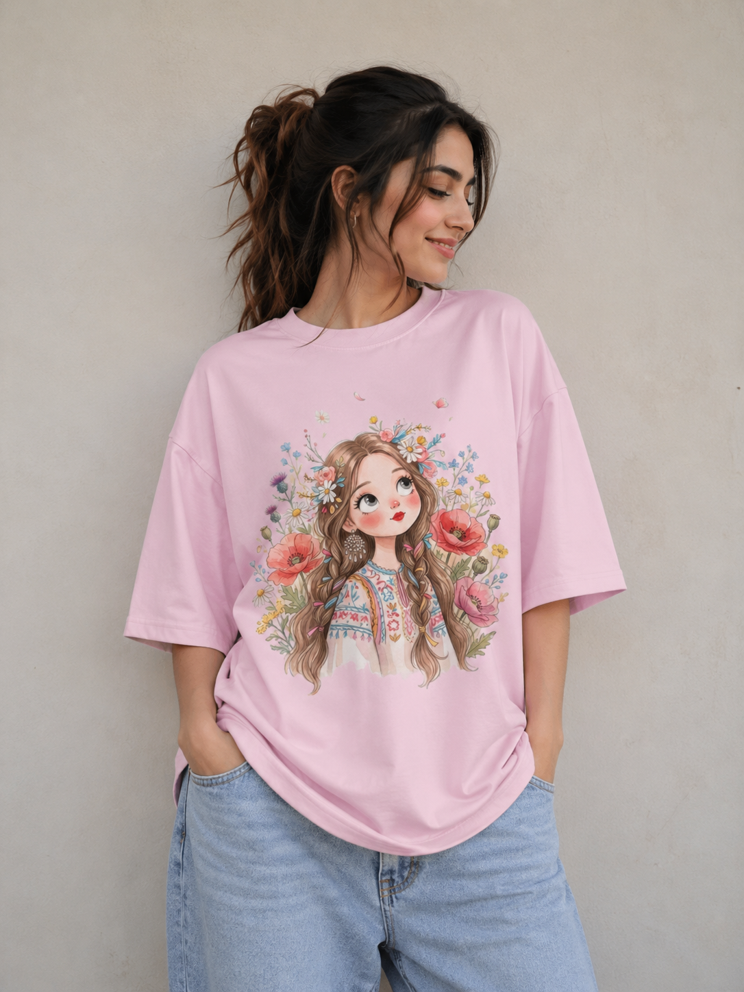 Floral Girl Graphic Basic T-Shirt – Pink Cute Casual Tee