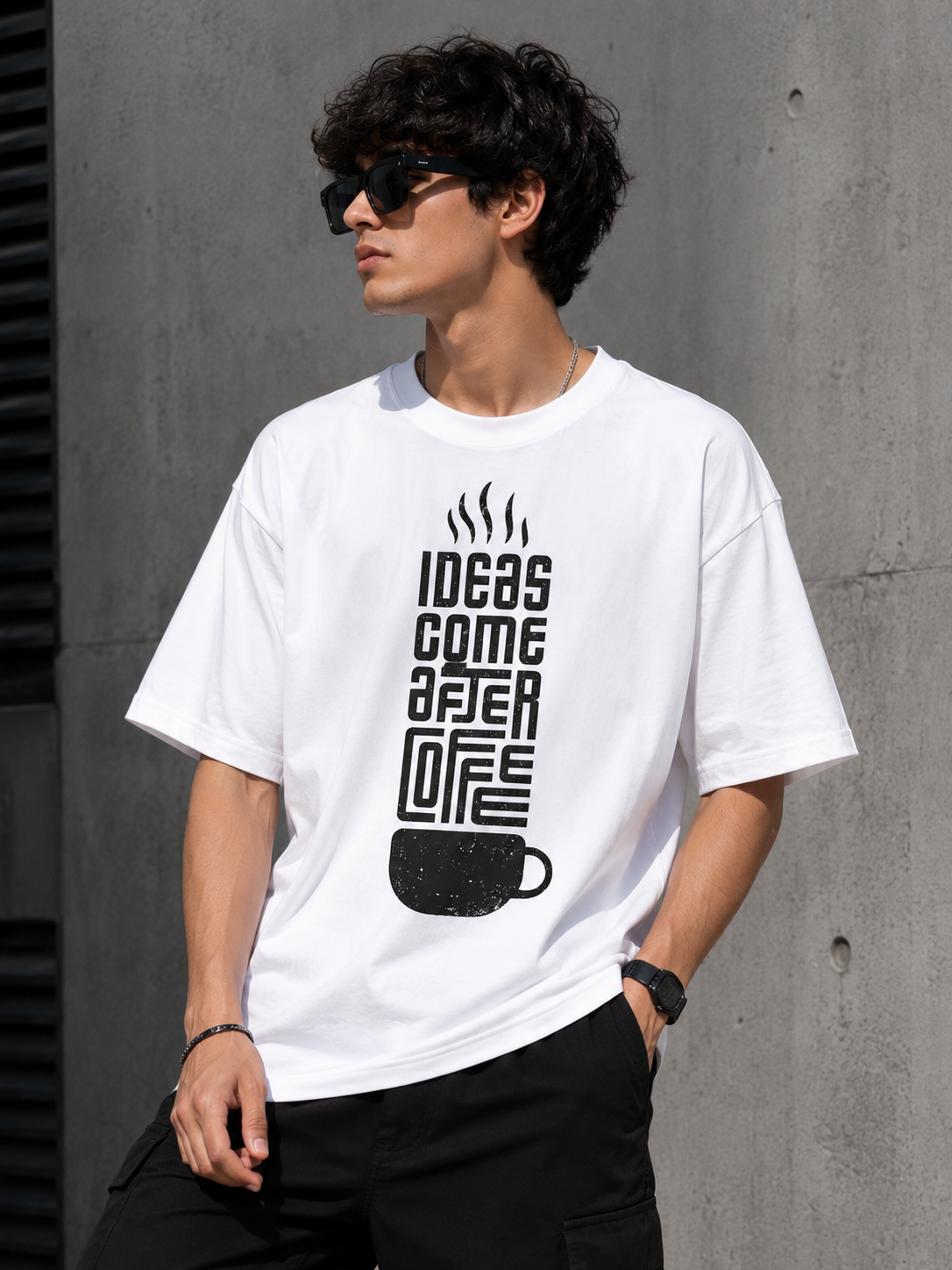 Ideas Come After Coffee Graphic T-Shirt – White Cotton Tee