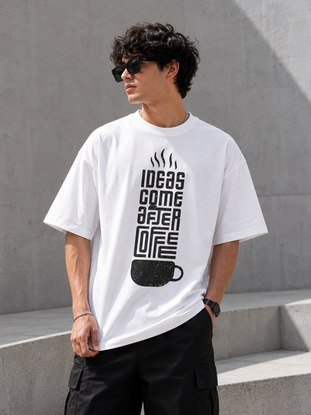 Ideas Come After Coffee Graphic T-Shirt – White Cotton Tee