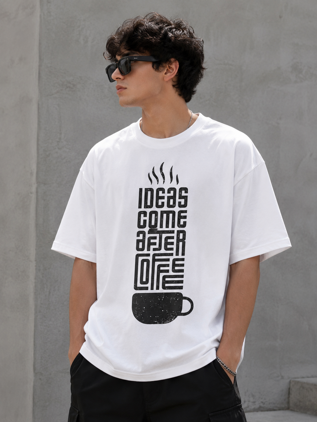 Ideas Come After Coffee Graphic T-Shirt – White Cotton Tee