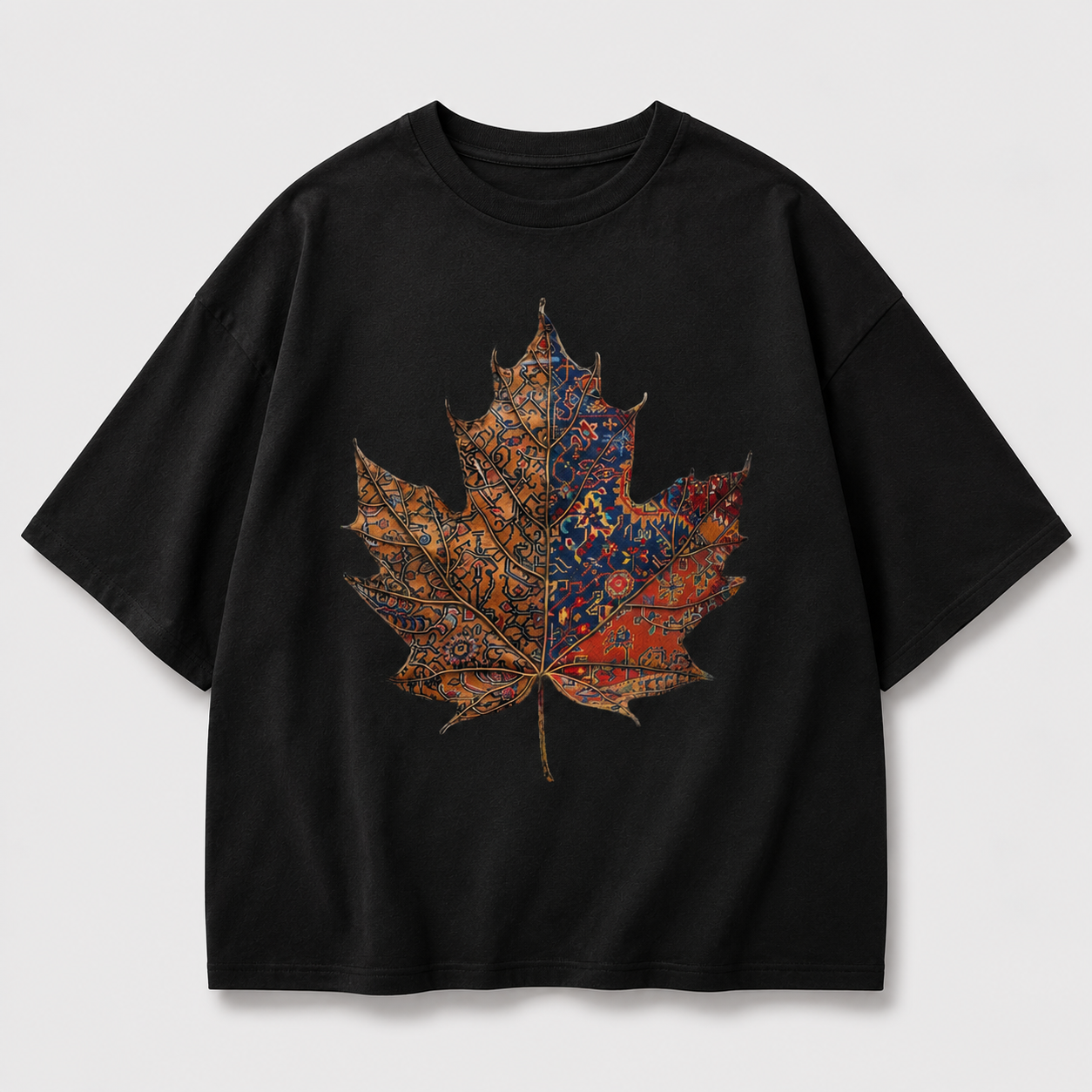 Autumn Maple Oversized T-Shirt – Artistic Leaf Graphic Tee